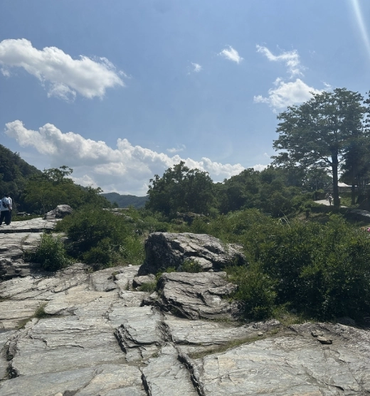 岩畳の遊歩道とゴツゴツした岩肌の景観